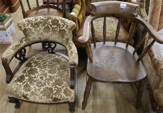 Two Victorian smokers bow chairs and an Edwardian Victorian tub shaped armchair